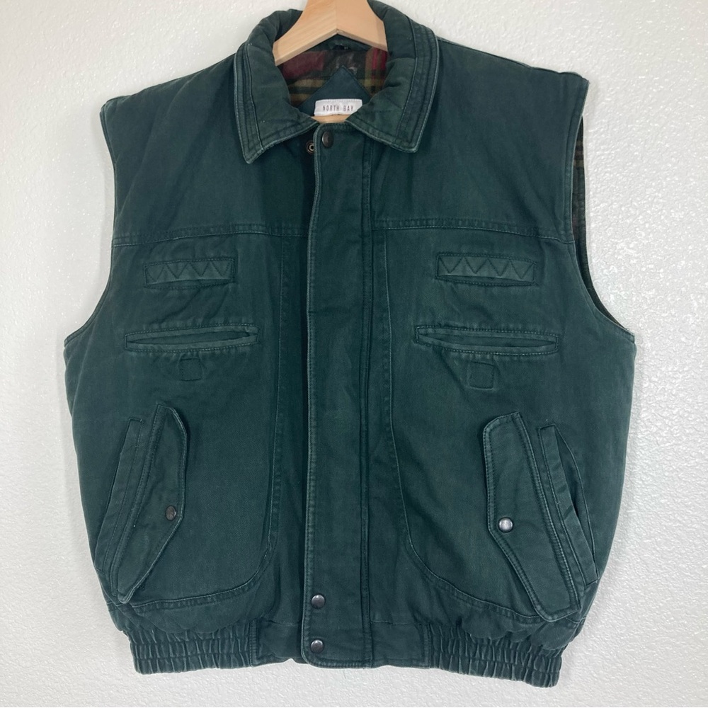 Vintage North Bay World Travel Vest Mens Size M Green Flannel Lined Hike Fishing